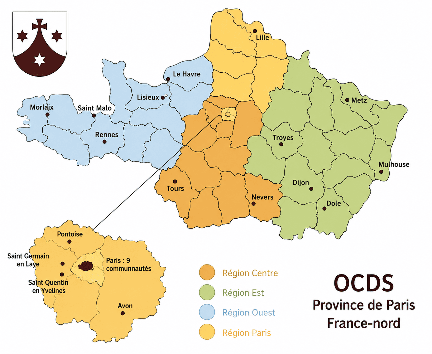 Carte de la Province Nord de l'OCDS avec les régions Centre, Est, Ouest et Paris